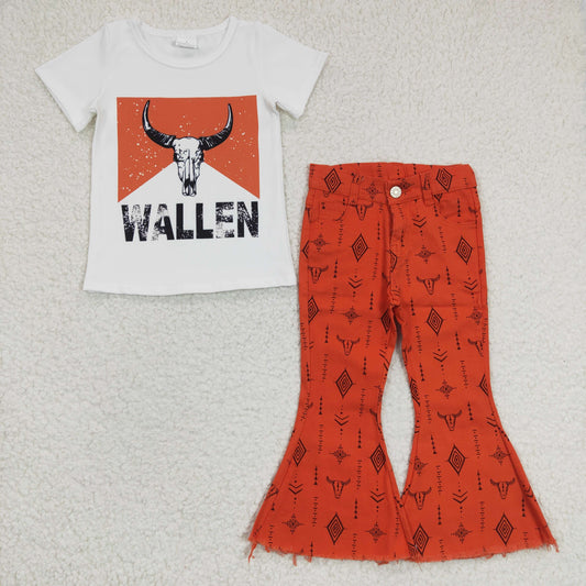 GSPO0  2Pcs GT0146  Brown Bleach Wallen Highland Cow Top + Brown Stripes Denim Girls Short Sleeve Bell Bottom Pants Outfits