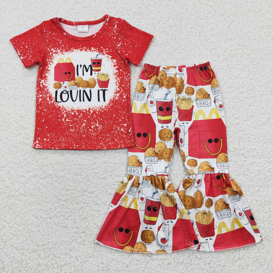GSPO0549 Red I'm Lovin It BBQ Hambueger Food Girls Short Sleeve Bell Bottom Pants Outfits