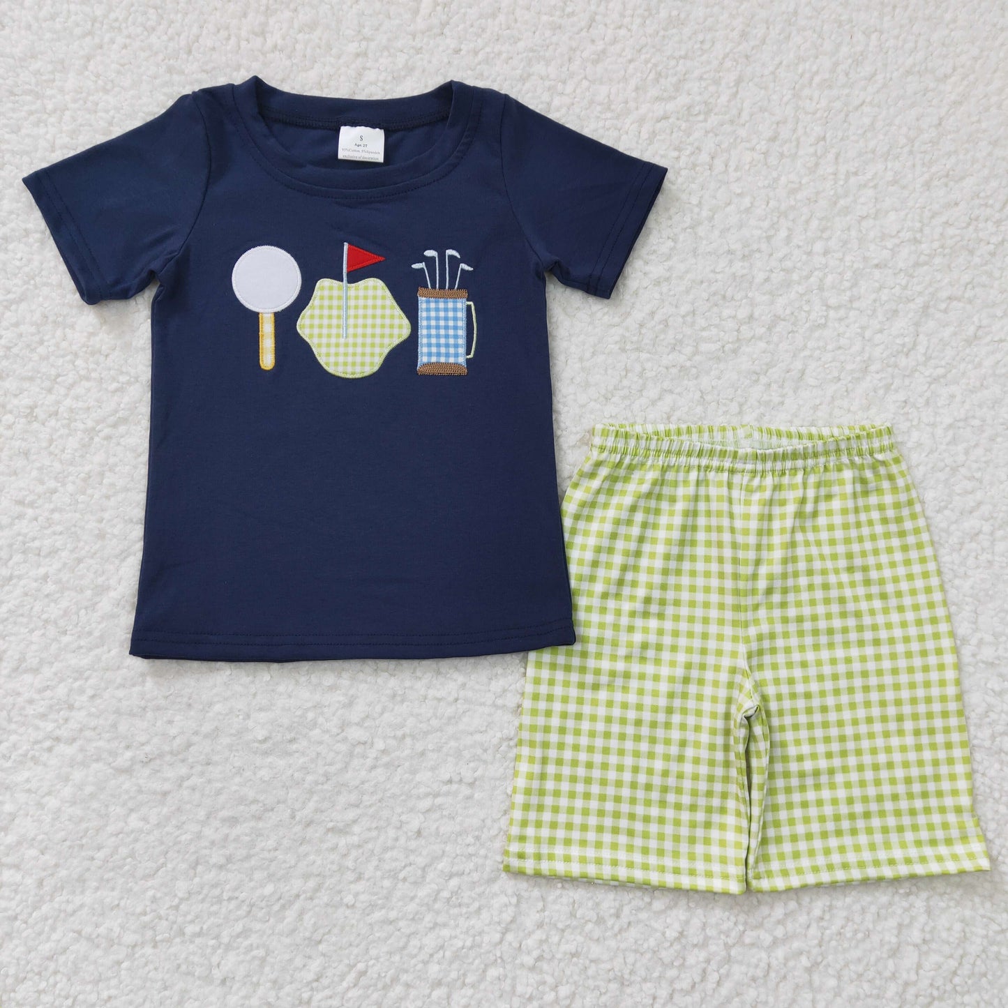 BSSO0135 Golf Green Blue Plaid Embroidery Boys Short Sleeve Shorts Outfits