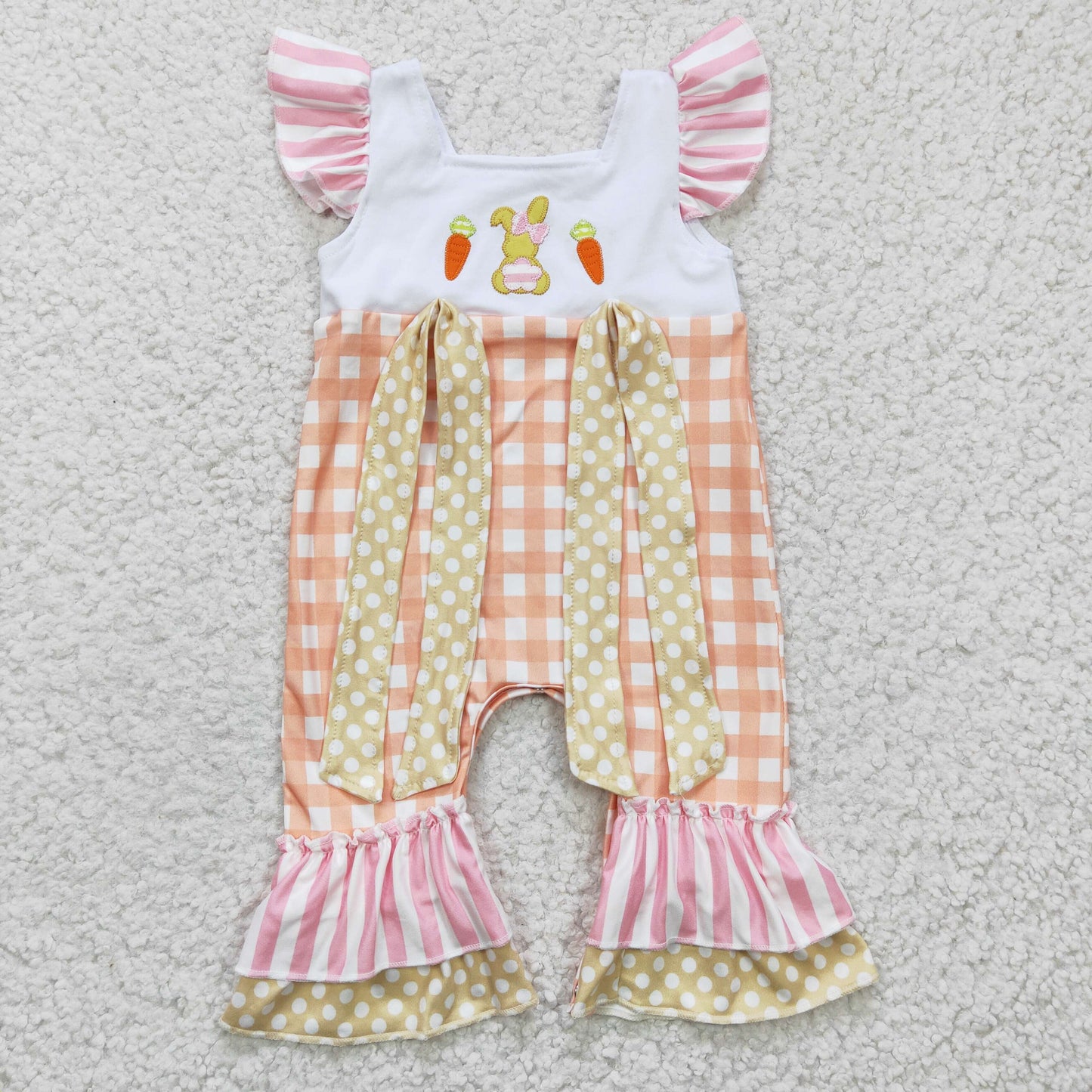 SR0129 Easter Orange Pink Rabbit Carrot Plaid Bow Embroidery  Girls Short Sleeve Romper