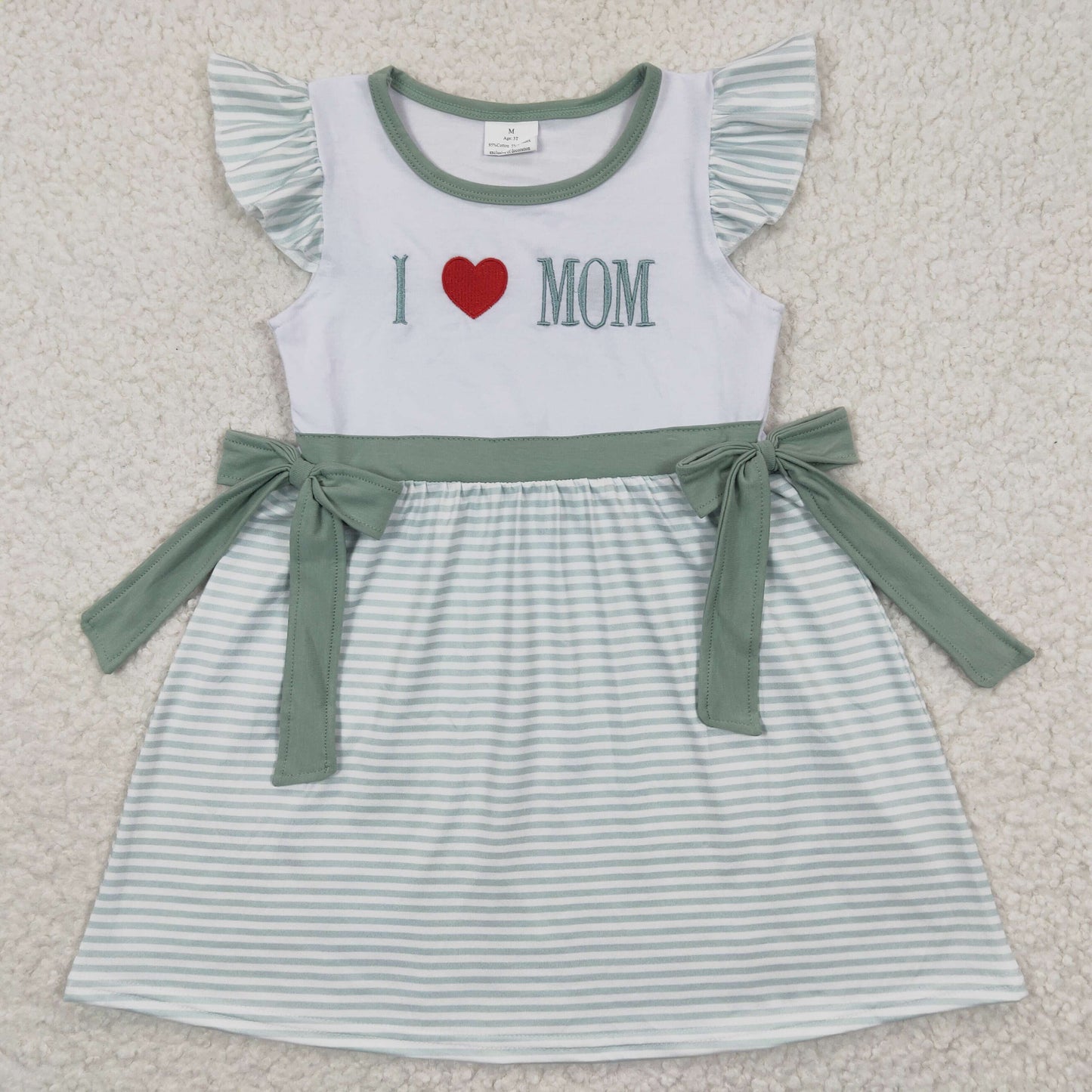 GSD0257 Green Plaid I Love Mom Embroidery Girls Short Sleeve Dresses