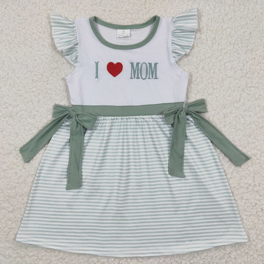 GSD0257 Green Plaid I Love Mom Embroidery Girls Short Sleeve Dresses