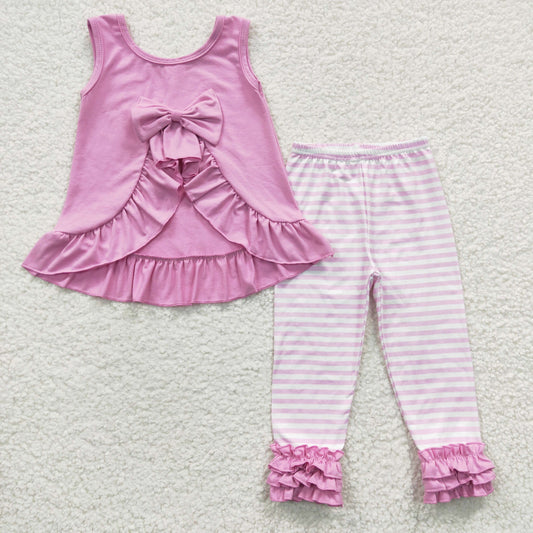 GSPO0507 Pink Stripes Bow   Girls Short Sleeve Bell Bottom Pants Outfits