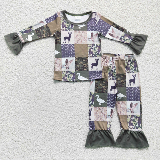 GLP0318 Christmas Green Plaid Deer Duck Camo Girls Long Sleeve Pants Outfits Pajamas