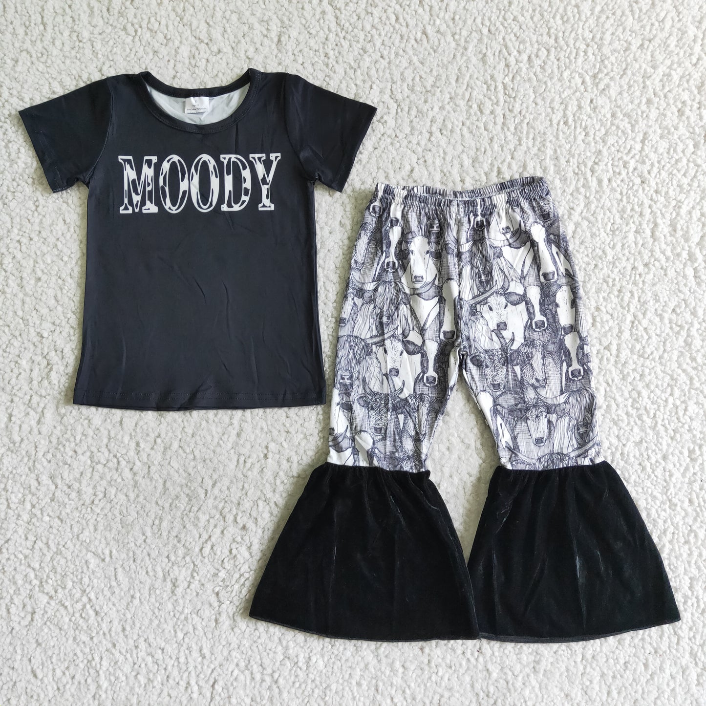 C4-15 Moody Black Heifer Cow Velvet Girls Short Sleeve Bell Bottom Pants Outfits