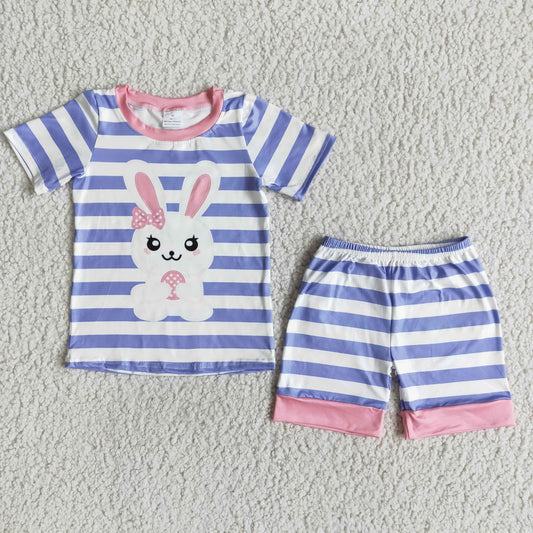 Easter Blue Striped Print Rabbits Girls Outfits