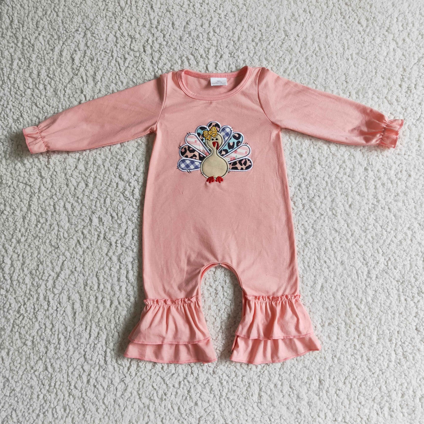 LR0146 Thanksgiving Turkey Pink Leopard Embroidery Boys Long Sleeve Romper