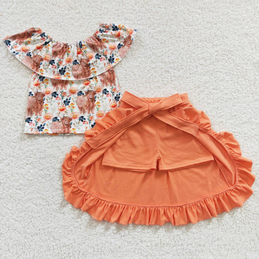 GSSO0184 Orange Highland Cow Floral Girls Short Sleeve With Skirt Dresses Outfits