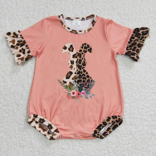 SR0117 Easter Pink Rabbit Leopard Girls Short Sleeve Romper