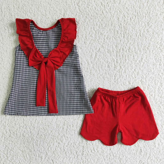 A15-5 4th Of July Red M Cartoon Plaid Embroidery Off Shoulder Girls Sleeveless Shorts Outfits