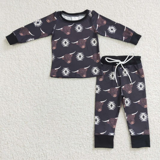 BLP0153 Black Highland Cow Boys Long Sleeve Pants Outfits Pajamas