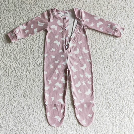 LR0118 Pink Butterfly Girls Long Sleeve Romper