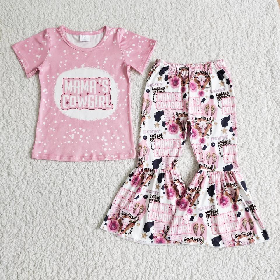 Clearance B7-28 Pink Bleach Mama's Cowgirl Cow Girls Short Sleeve Bell Bottom Pants Outfits