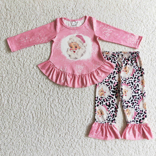 GLP0245 Christmas Pink Santa Leopard Girls Long Sleeve Bell Bottom Pants Outfits