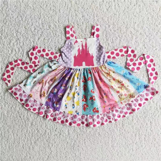 A17-21 Pink Dots Castle Princess Cartoon Girls Belt Patchwork Sleeveless Dresses