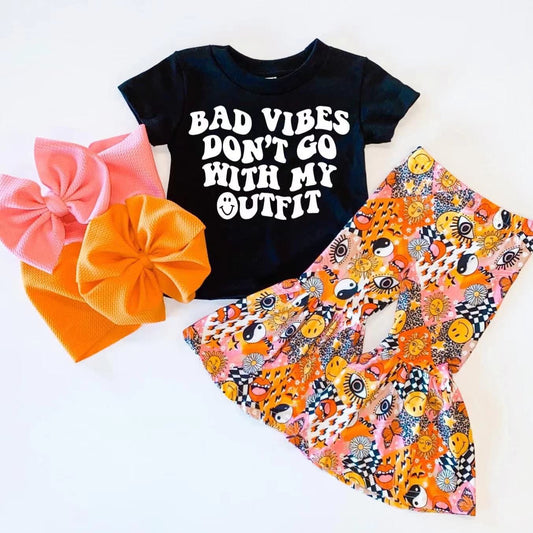 E7-1 Bad Vibes Don't Go With My Outfits With Bow 3pcs Girls Short Sleeve Bell Bottom Pants Outfits