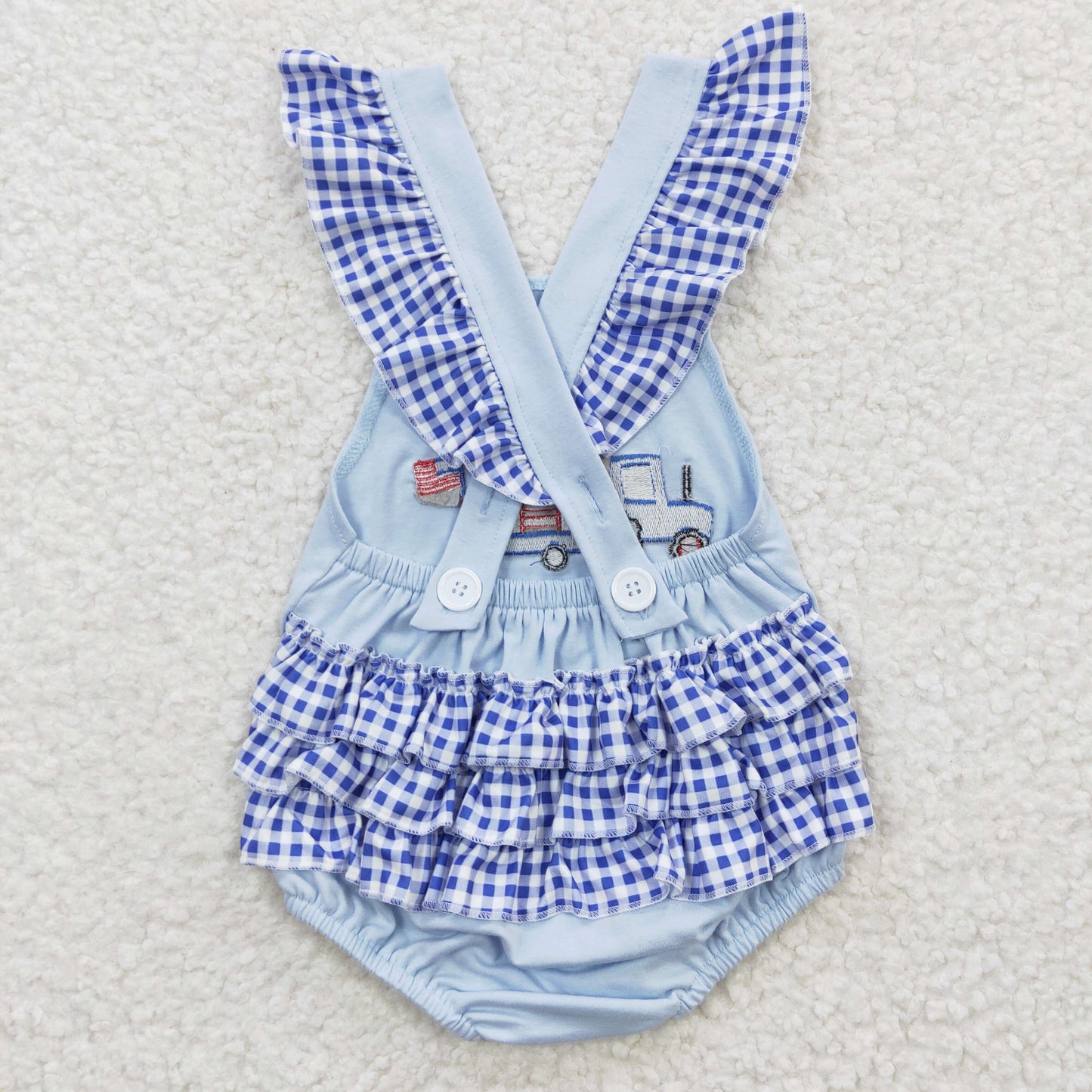 SR0274 4th Of July Dog Blue Farm Car Truck Embroidery Girls Flutter Sleeve Romper