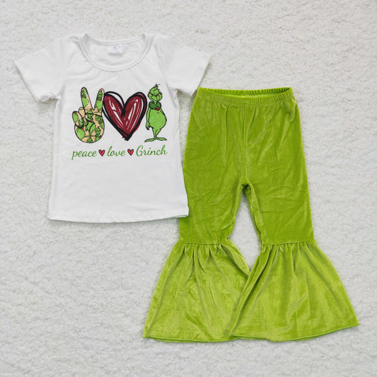 A0-2 Christmas Green Cartoon Velvet Girls Short Sleeve Bell Bottom Pants Outfits