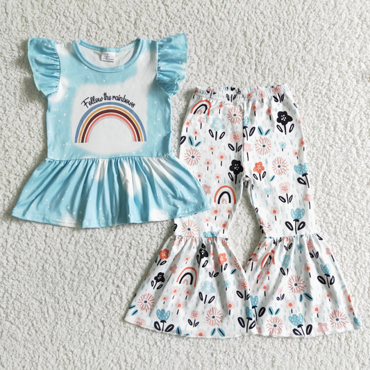 GSPO0063 Follow The Rainbow Floral Girls Short Sleeve Bell Bottom Pants Outfits