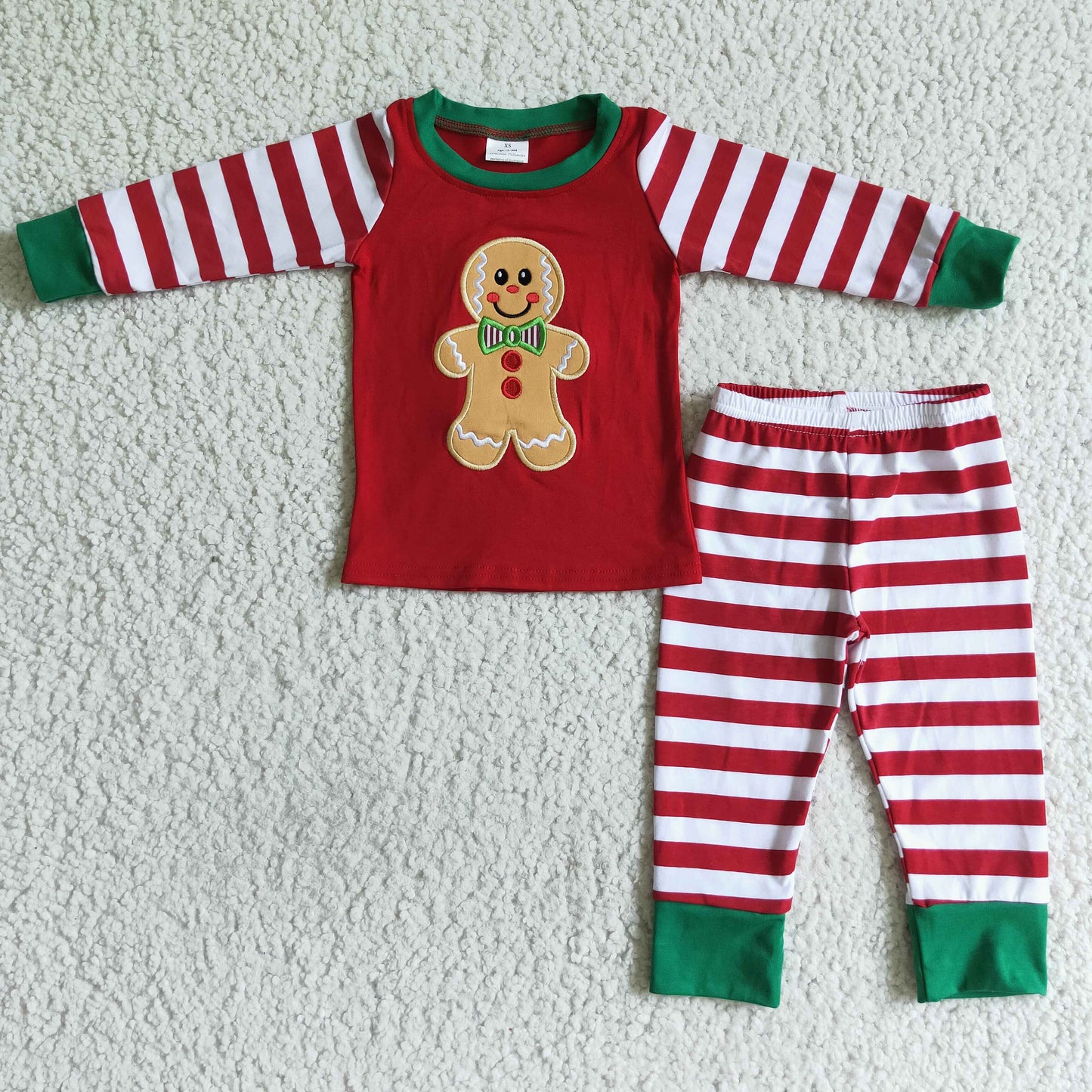 6 A18-15 Christmas Embroidery Gingerbread Cartoon Red Striped Boys Long Sleeve Pajamas