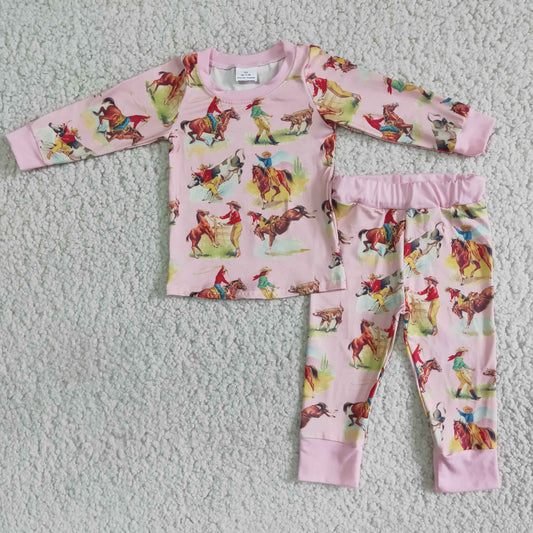 Clearance 6 B9-20 Pink Rodeo Horses Cowboy Western Girls Long Sleeve Pajamas