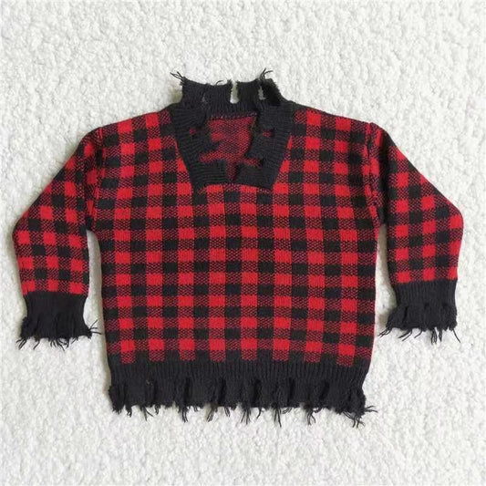 6 A4-14 Plaid Red & Black Long Sleeve Fall/Winter Girls Sweater