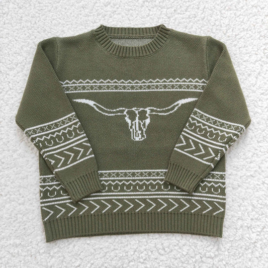 BT0178 Green Highland Cow Boys Long Sleeve Sweater