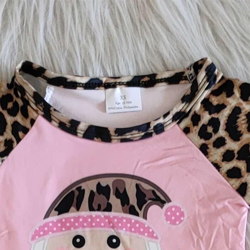 6 A25-9 Pink Christmas Santa Leopard Girls Long Sleeve Romper