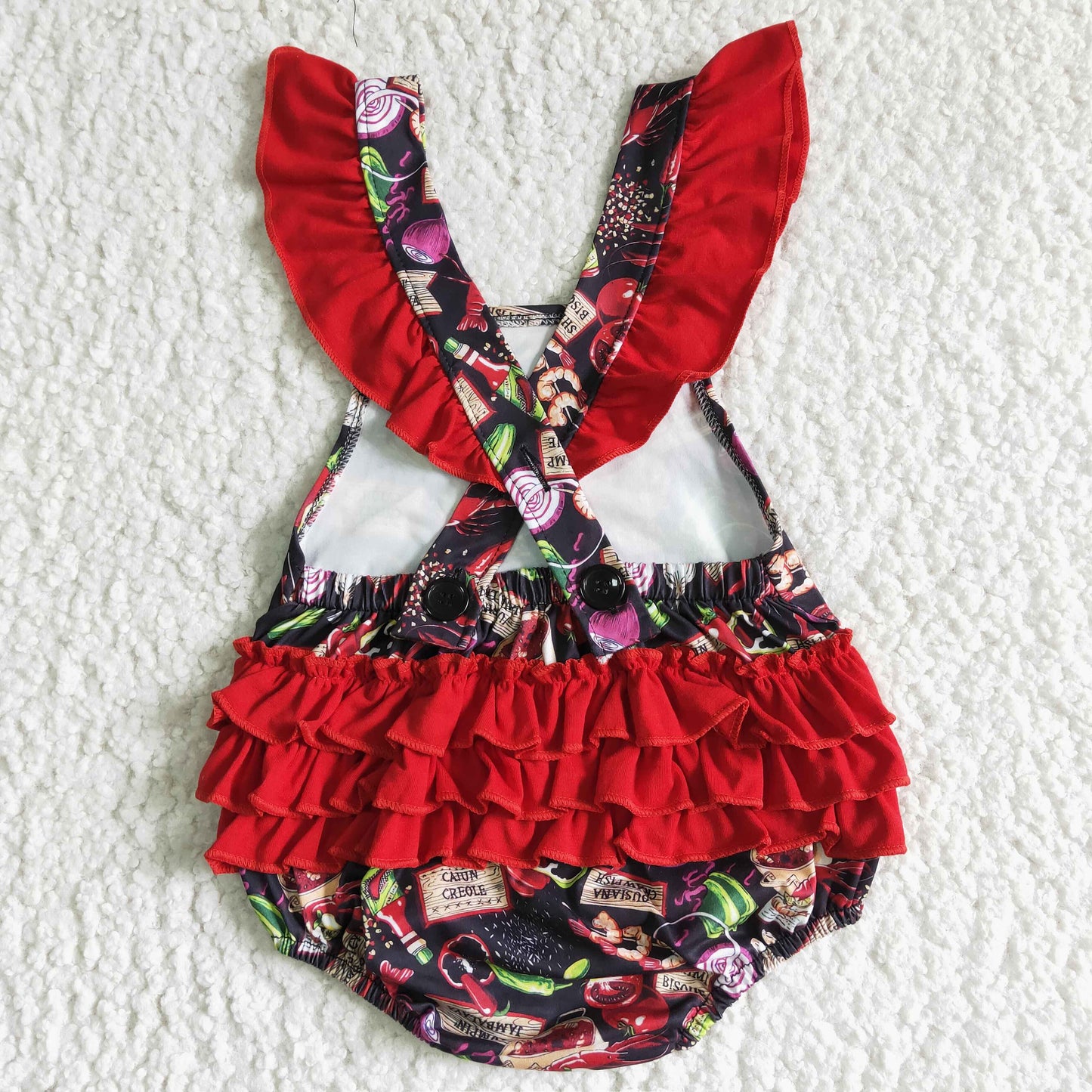 B0-9 Red Food Crayfish Girls Flutter Sleeve Romper