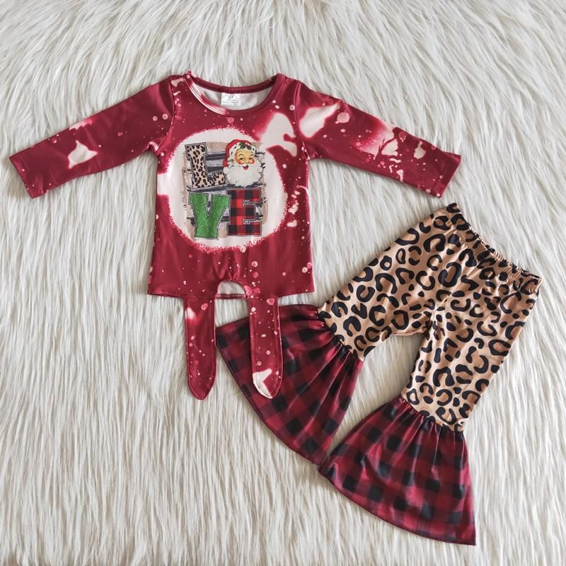 Bleach Design Long Sleeve Christmas Santa Love Band Waist Leopard Pants Outfits