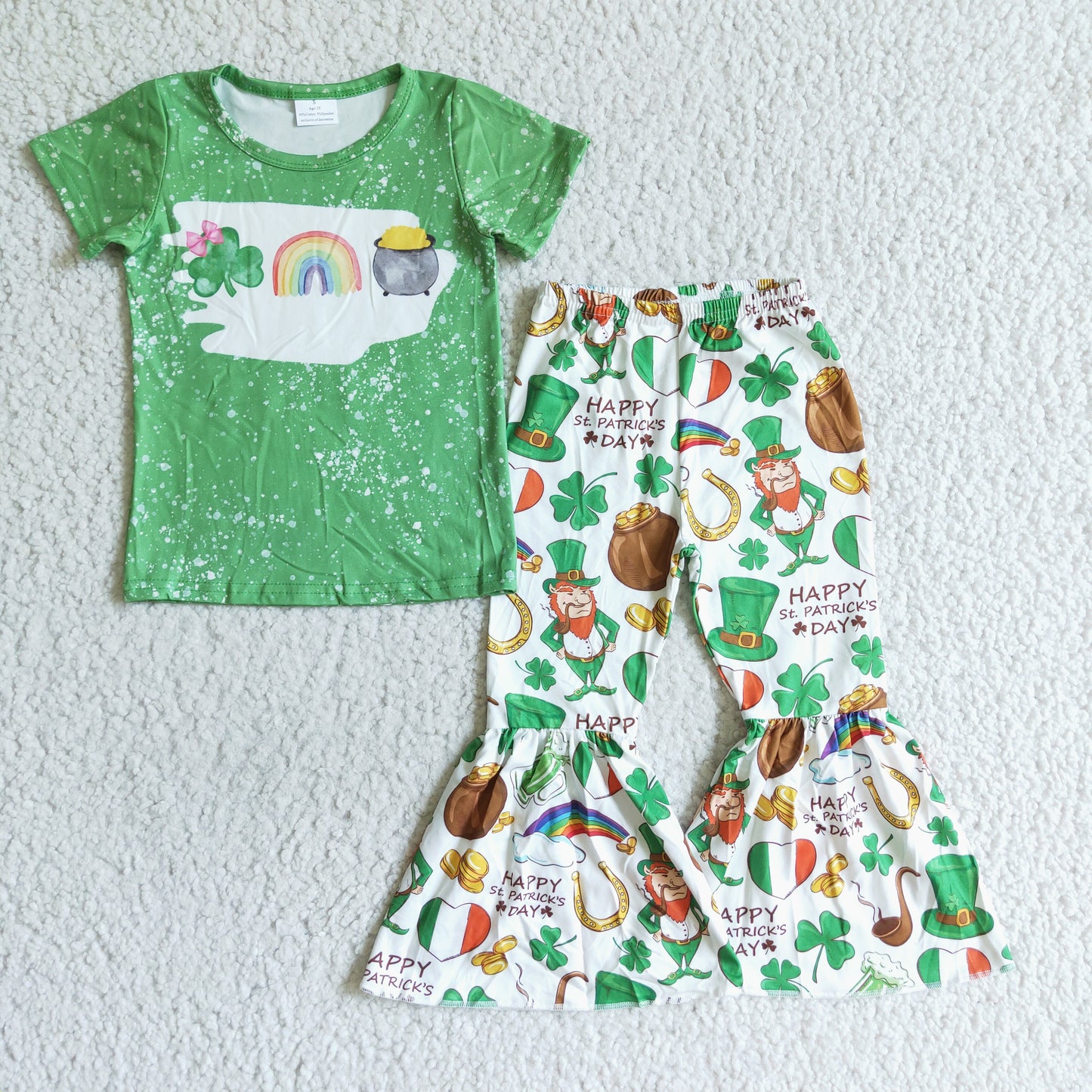 Clearance B16-11 Happy St. Patrick Day Green Bleach Clover Lucky Girls Short Sleeve Bell Bottom Pants Outfits