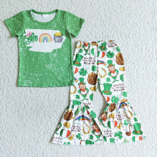 Clearance B16-11 Happy St. Patrick Day Green Bleach Clover Lucky Girls Short Sleeve Bell Bottom Pants Outfits