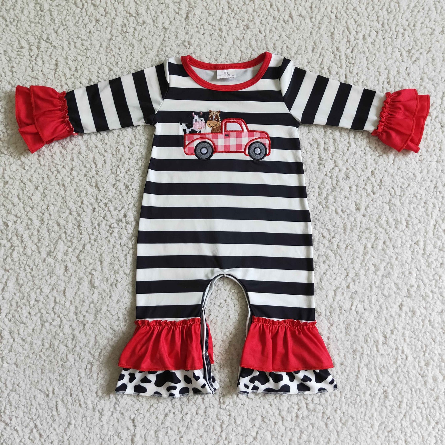 LR0015 Farm Life Cow Car Red Black Stripes Embroidery Girls Long Sleeve Romper