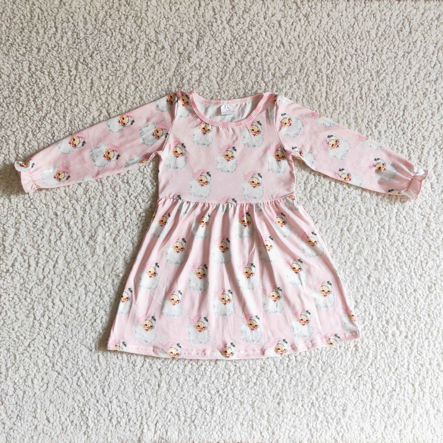 GLD0123 Christmas Pink Dots Santa Girls Long Sleeve Dresses