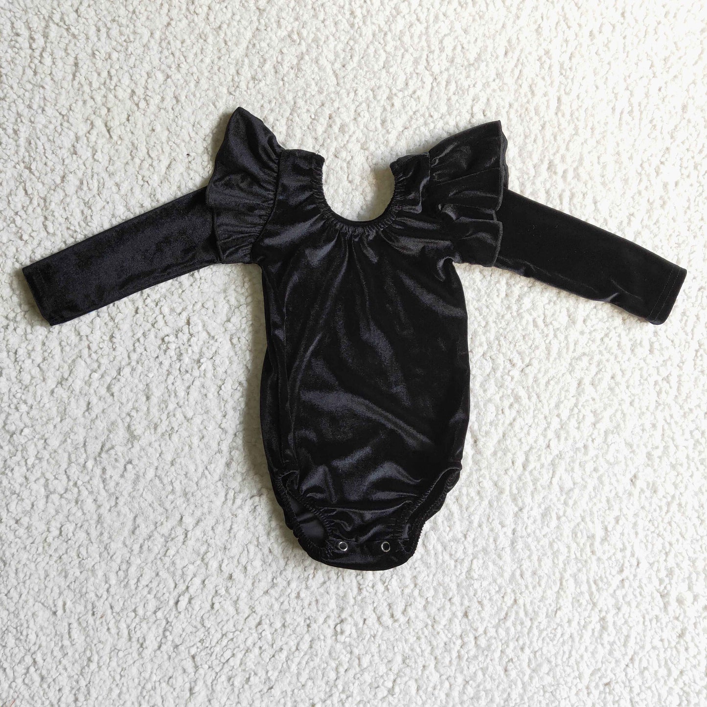 LR0208 Plain Black Ruffles  Girls Long Sleeve Romper