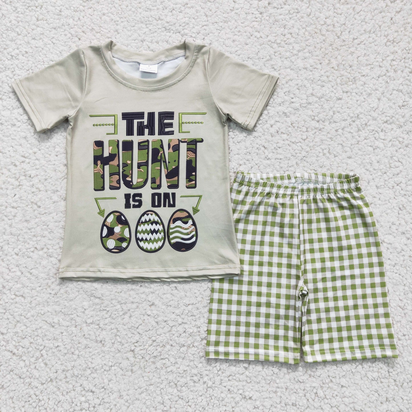 BSSO0096 Easter Egg Green Camo Plaid The Hunt Boys Short Sleeve Shorts Outfits