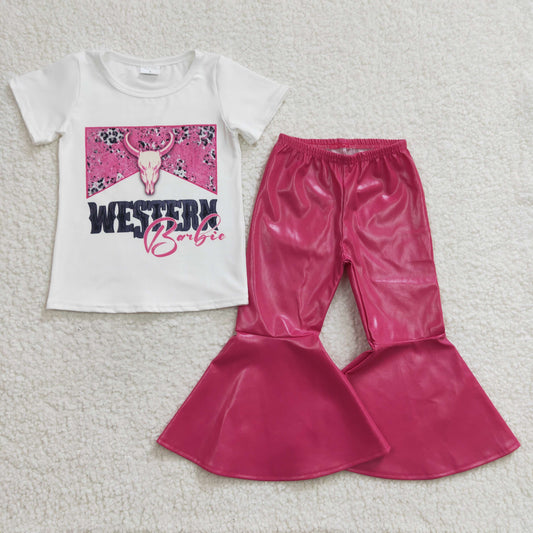 GSPO0453  2Pcs GT0134 Pink Western Baby Cow   Top + P0048 Pink Leather pants Girls Short Sleeve Bell Bottom Pants Outfits