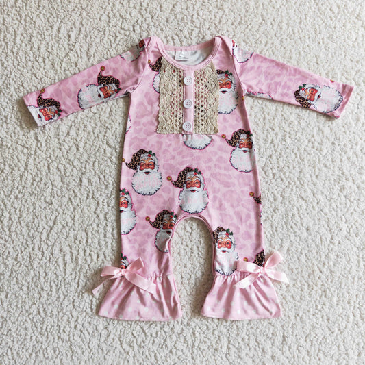 Clearance 6 A7-5 Christmas Pink Santa Leopard Lace Girls Long Sleeve Romper