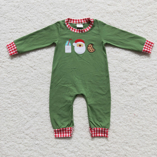 LR0232 Christmas Milk Santa Cake Cookies Green Red Plaid Embroidery Boys Long Sleeve Romper