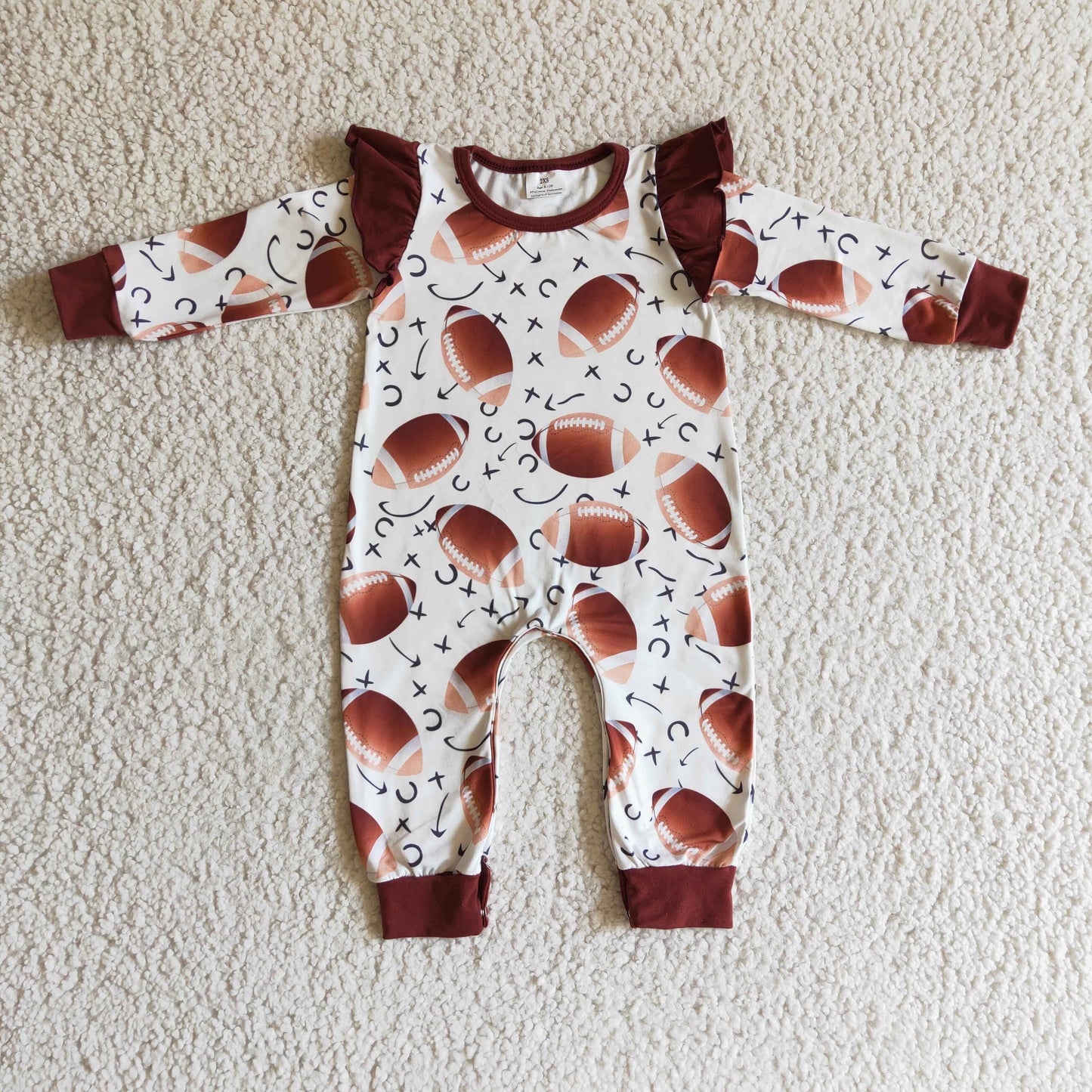 LR0178 Brown Red Football Team Girls Long Sleeve Romper