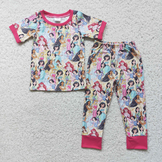 D2-2 Pink Princess Cartoon Girls Short Sleeve Pants Pajamas