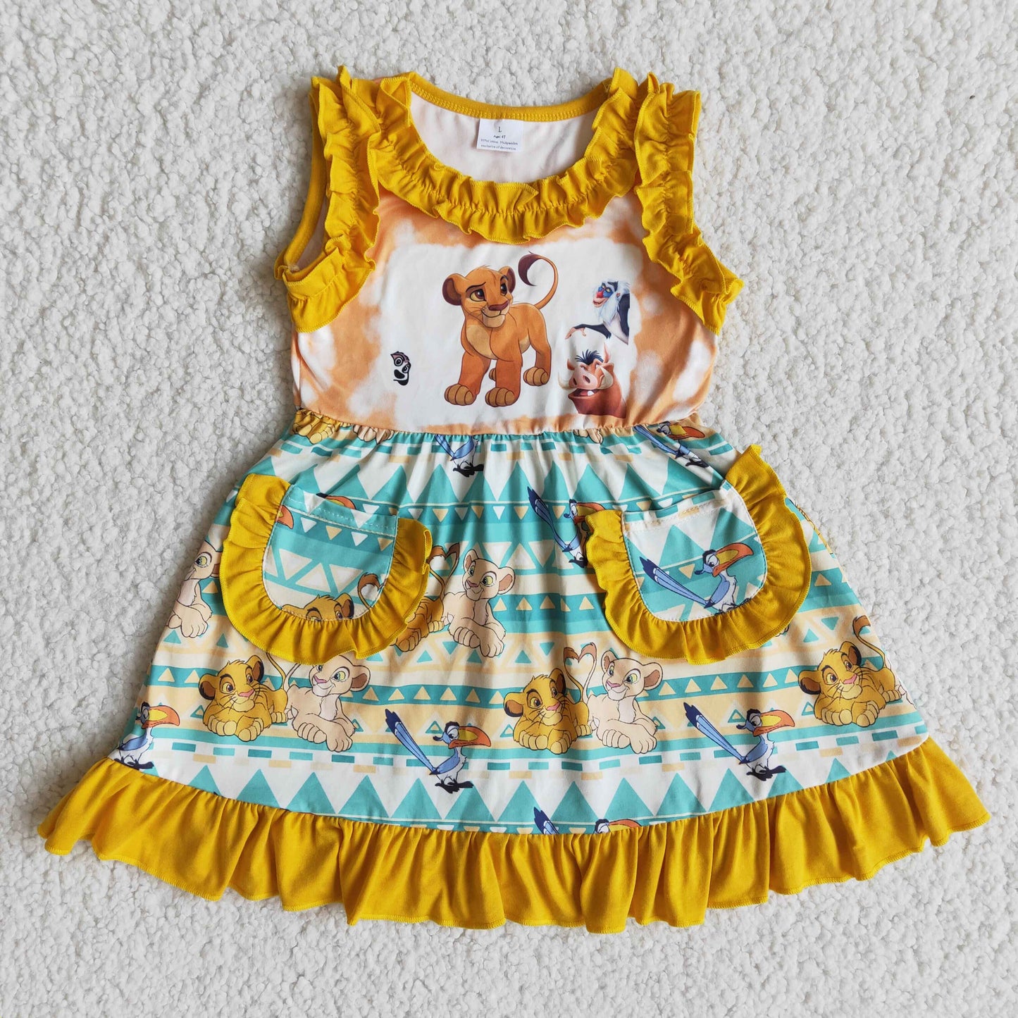 Clearance E13-5 Cartoon Baby Girls Lion Pockets Kids Girls Short Sleeve Dresses