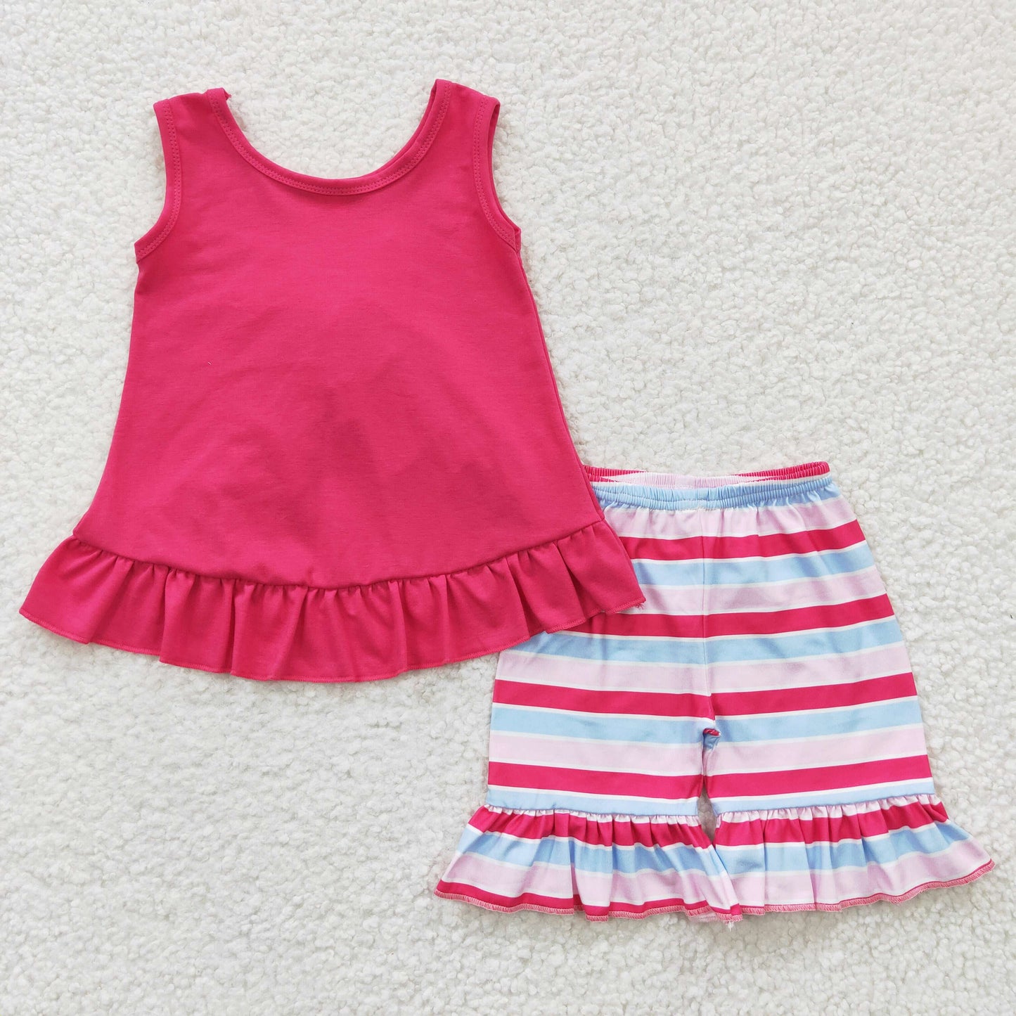 GSSO0209  Pink Stripes Bow Girls Sleeveless Shorts Outfits