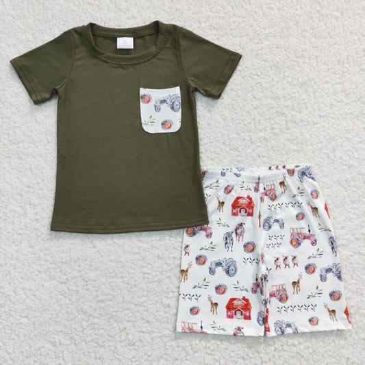 BSSO0131 Green Farm Life Cow Pocket Boys Short Sleeve Shorts Outfits