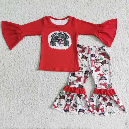 Clearance 6 B6-6 Christmas Santa Snowman Baby It's Cold Outside Red Winter Girls Long Sleeve Bell Bottom Pants Outfits