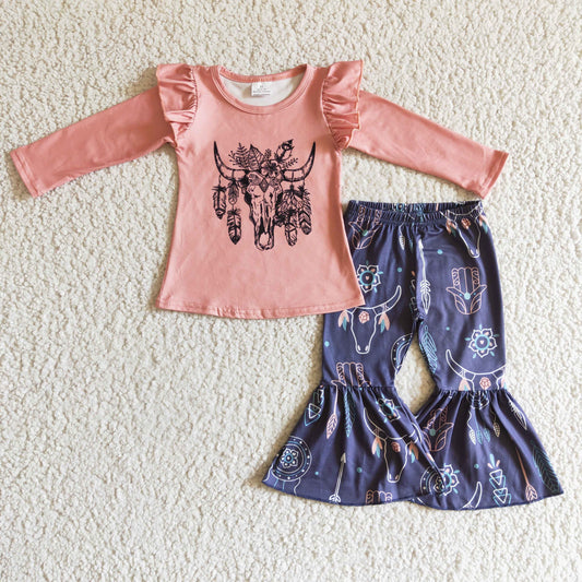 GLP0282 Pink Blue Highland Cow Head Girls Long Sleeve Bell Bottom Pants Outfits