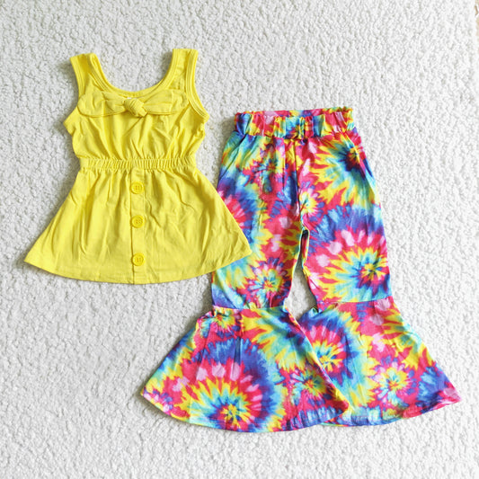 A17-24 Yellow Top Bow Match Tie Dye Girls Sleeveless Bell Bottom Pants Outfits