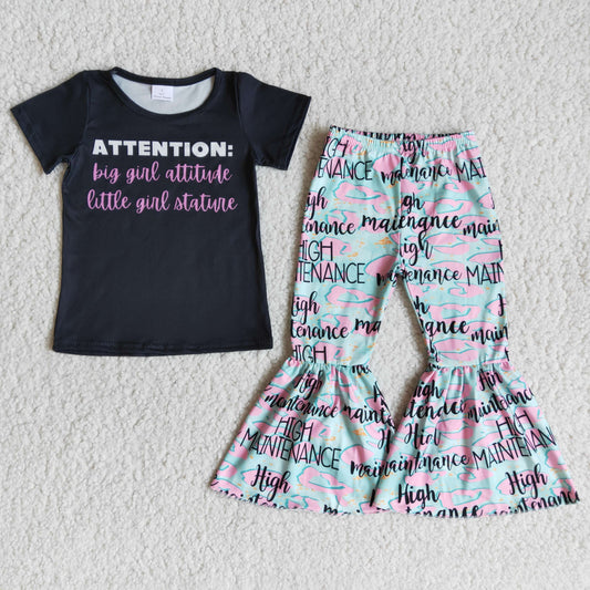 Clearance B1-20 Attention Black Girls Short Sleeve Bell Bottom Pants Outfits