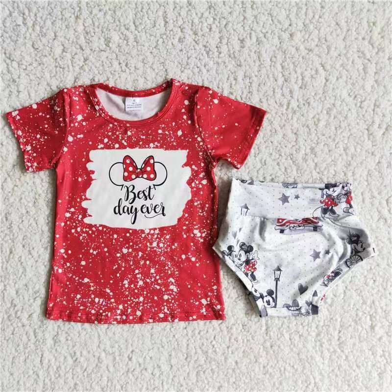 A3-1 Cartoon Red Bleach Design Cute Girl Short Sleeve Bummies Outfits