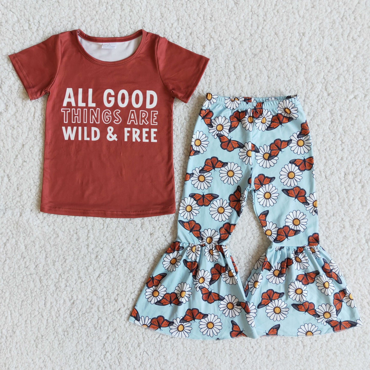 E7-28 Floral Butterfly All Good Things Are Wild & Free With Bow 3pcs Girls Short Sleeve Bell Bottom Pants Outfits